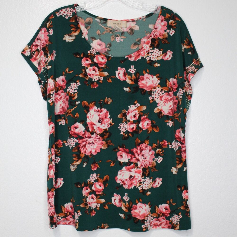 Diana Belle Blouse Floral Studded Scoop Neck XL